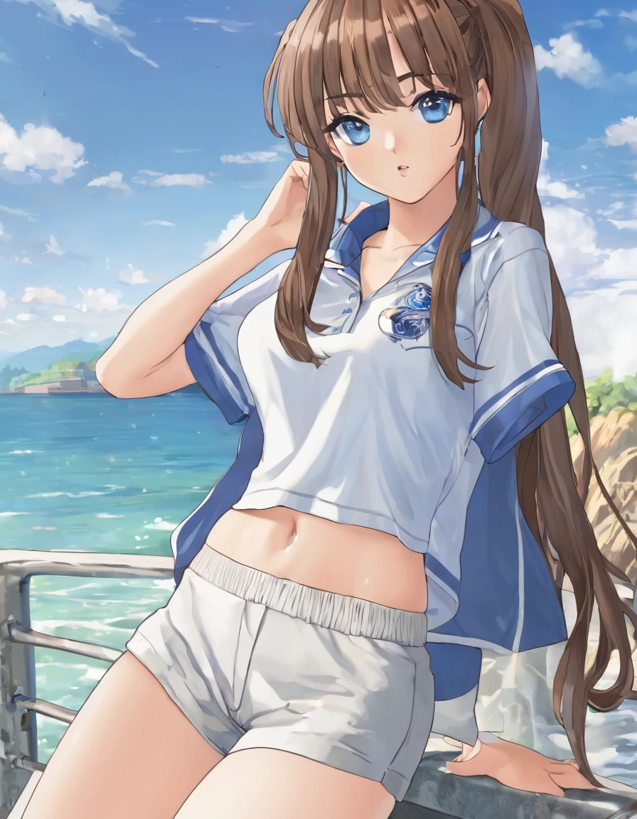 BREAK Perfect Anatomy、(High resolution:1.2)、Incredible illustrations、(Cute illustrations:1.2)、 (nsfw)(hip focus,from side ) (Beautiful background(breakwater,morning sun)) 1girl((brown hair,asymmetric bangs,twin tails, tanned skin: 1.3,blue eyes,fang)1girl((a girl,slender 1.7meters, 45kg, (( short shirt, hot pants,thigh-high socks, sandals),,cameltoe,))looking afar,open stance,beautiful ass