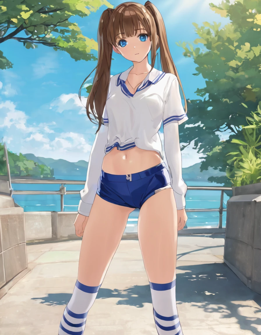 BREAK Perfect Anatomy、(High resolution:1.2)、Incredible illustrations、(Cute illustrations:1.2)、 (nsfw)(hip focus,from side ) （Beautiful background（breakwater,morning sun）) 1girl((brown hair,asymmetric bangs,twin tails, tanned skin: 1.3,blue eyes,fang)1girl((a girl,slender 1.7meters, 45kg, (( short shirt, hot pants,thigh-high socks, sandals),,cameltoe,))looking afar,open stance,beautiful ass