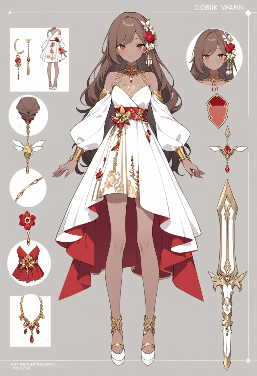 girl with dark skin, beautiful face, red and white palette, weapons with flowers, gold jewelry, full body, reference sheet, brown hair