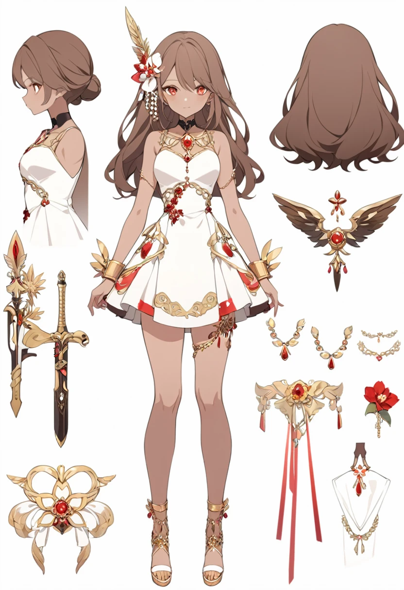 girl with dark skin, beautiful face, red and white palette, weapons with flowers, gold jewelry, full body, reference sheet, brown hair