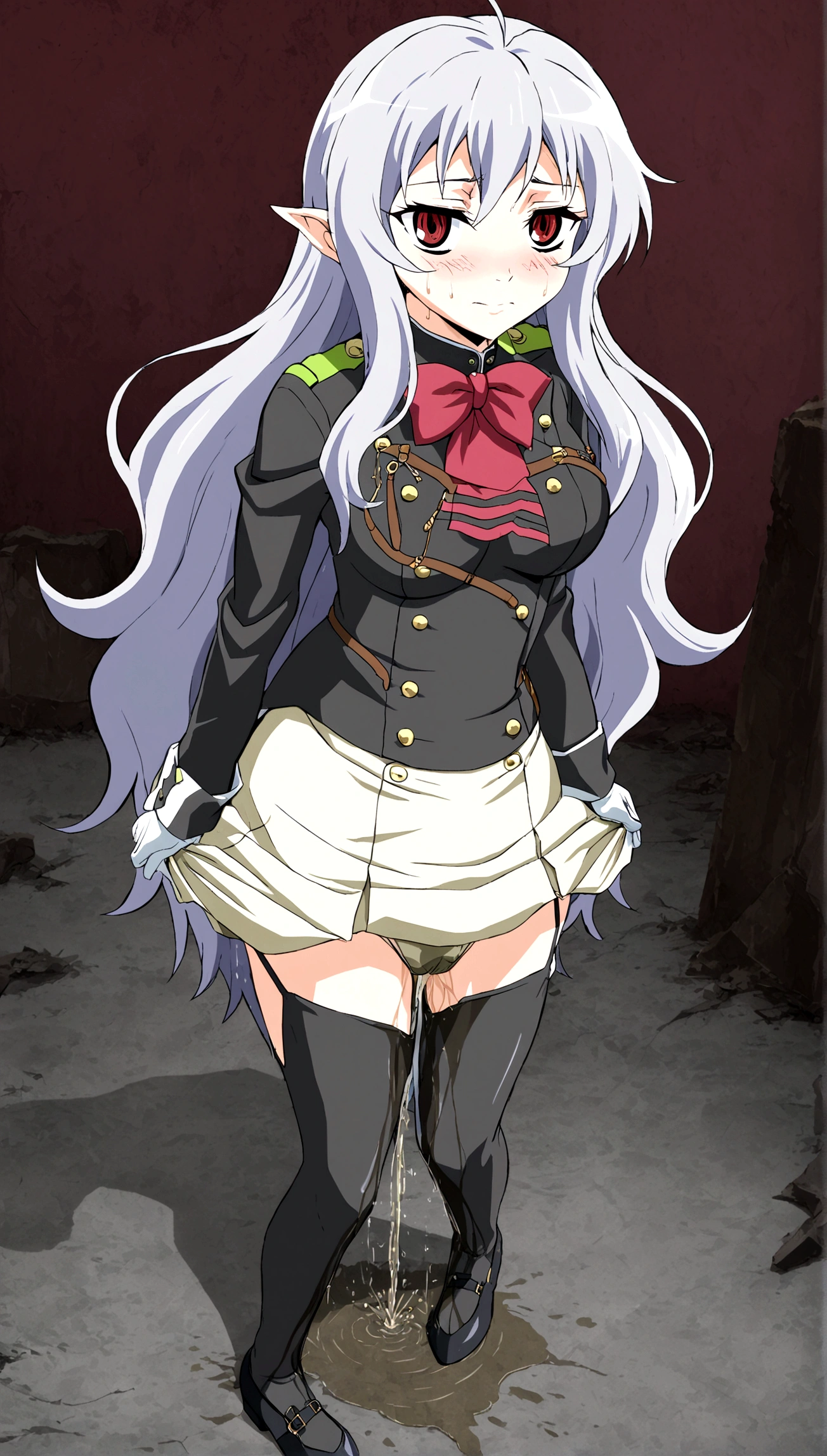 Anime. Owari no Seraph. 1 Girl. Expensive . A vampire. Clumsy mother. Pregnant. Silver hair. Wavy hair. Long hair. Red eyes. Beautiful eyes. Perfect eyes. Expressive eyes. Ideal face. Perfect body. Beautiful long ones. legs. Beautiful nose. 18 years. Big breasts. Standing. Full height. Beautiful character design. Shiny skin. Pointy ears. Ancestor Uniform Dress from Owari no Seraph. Ruins of Tokyo. Whole body. NSF. Official art. Extremely detailed CG Unity 8k wallpaper. Ideal lighting. Ultra high resolution 4K. Super detailed 8K. A high resolution.