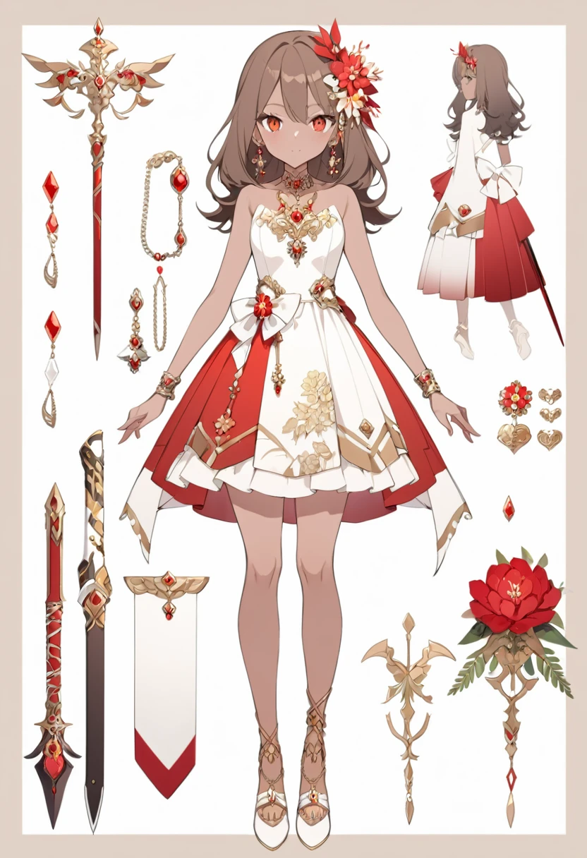 girl with dark skin, beautiful face, red and white palette, weapons with flowers, gold jewelry, full body, reference sheet, brown hair