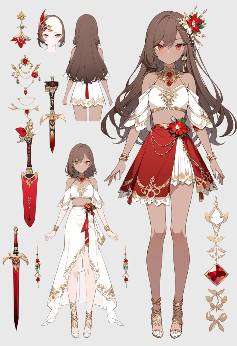 girl with dark skin, beautiful face, red and white palette, weapons with flowers, gold jewelry, full body, reference sheet, brown hair