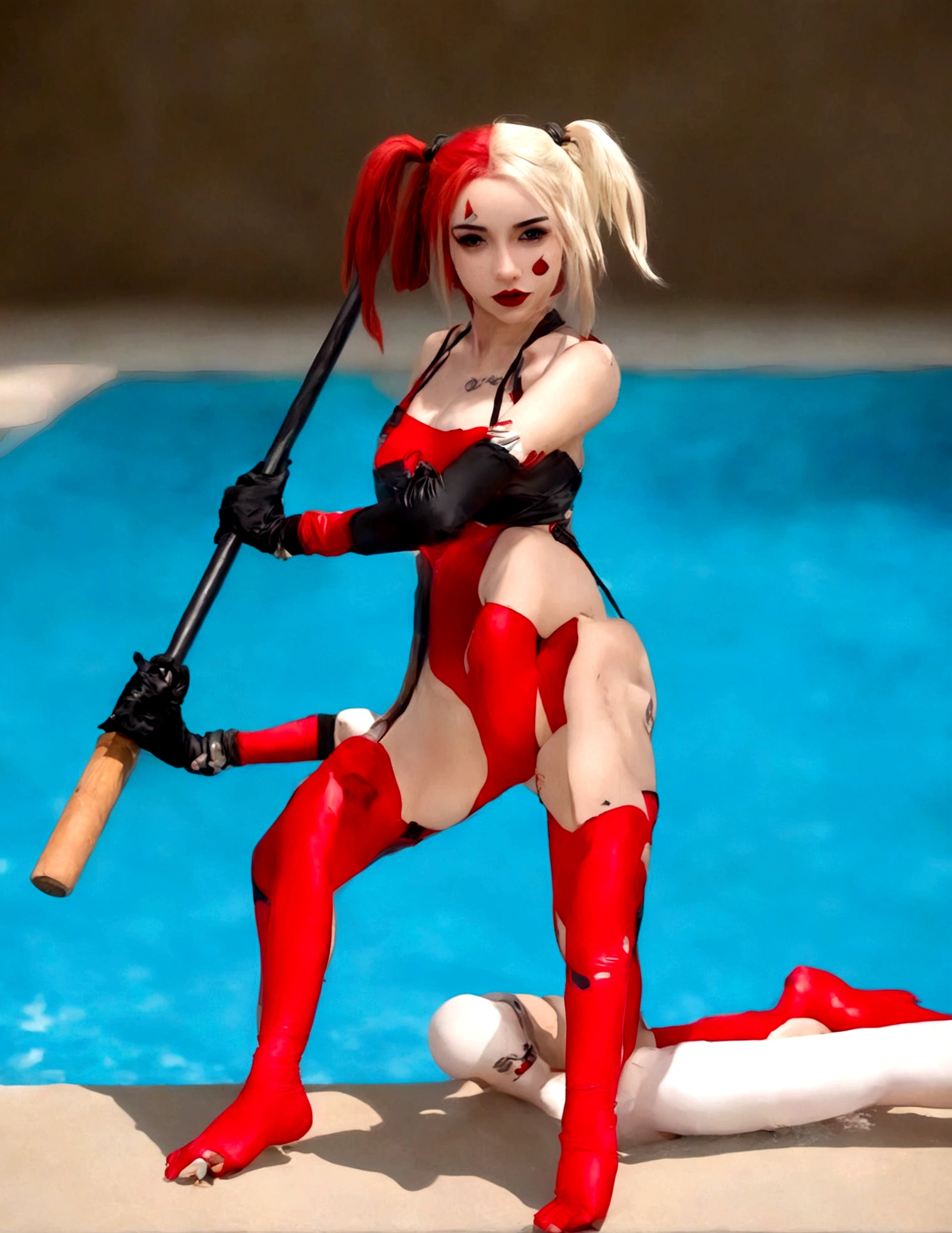 A cute woman in a Harley Quinn cosplay, wearing a sexy red and black swimsuit, striking various provocative poses by the poolside, large fake weapons like baseball bats and mallets scattered around, vibrant colors, highly detailed, photorealistic, 8K, studio lighting, dynamic composition
