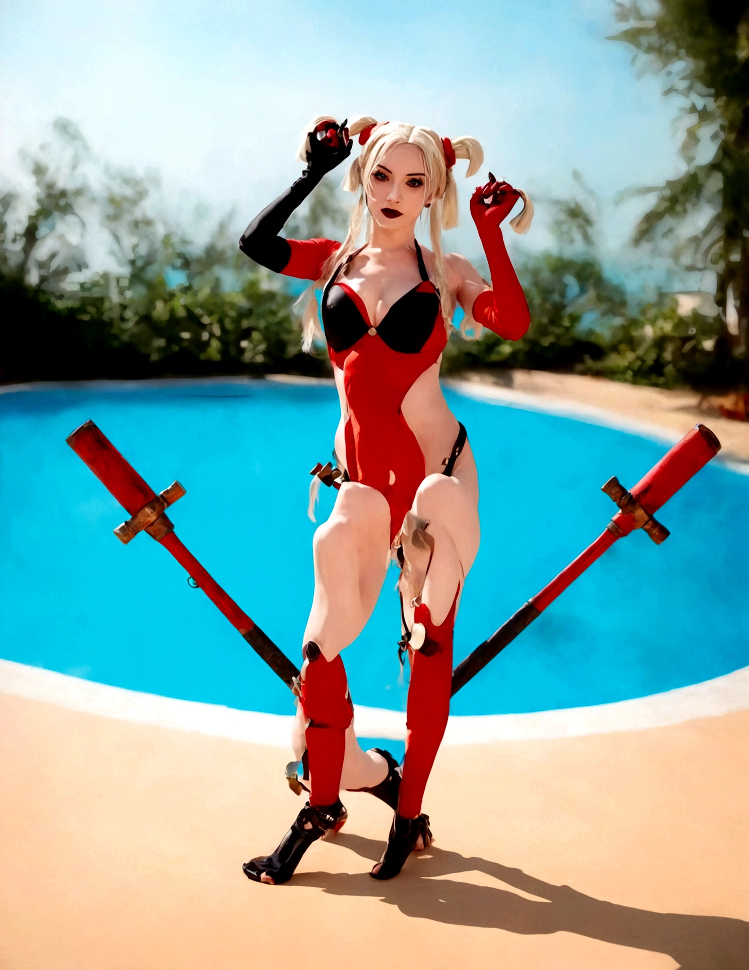 A cute woman in a Harley Quinn cosplay, wearing a sexy red and black swimsuit, striking various provocative poses by the poolside, large fake weapons like baseball bats and mallets scattered around, vibrant colors, highly detailed, photorealistic, 8K, studio lighting, dynamic composition