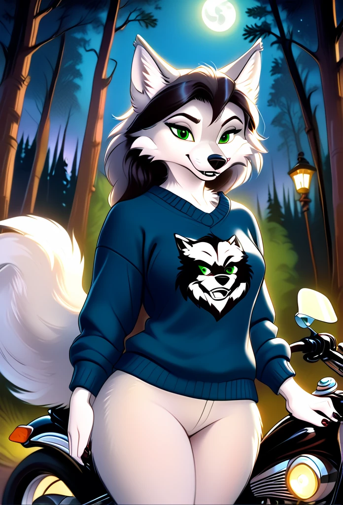 detailed illustration, dynamic angle, ultra-detailed, illustration, 1girl, blue sweater, wolf, white wolfkin, green eyes, standing in woods, disney style, evil grin, cartoon, leaning on a motorcycle, night