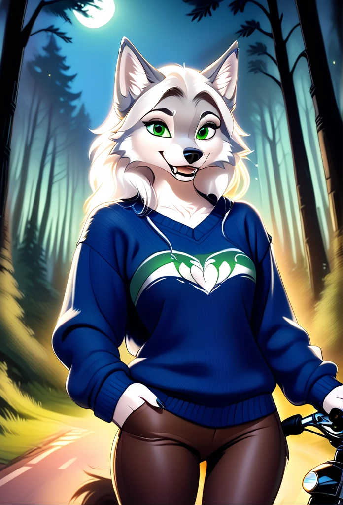 detailed illustration, dynamic angle, ultra-detailed, illustration, 1girl, blue sweater, wolf, white wolfkin, green eyes, standing in woods, disney style, evil grin, cartoon, leaning on a motorcycle, night