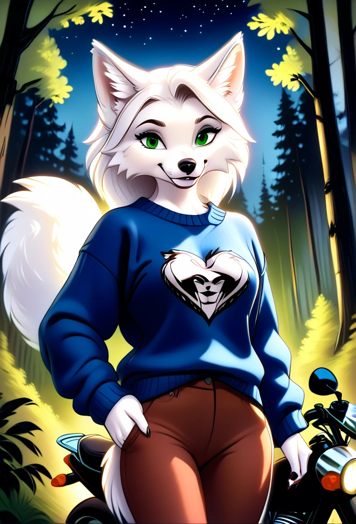 detailed illustration, dynamic angle, ultra-detailed, illustration, 1girl, blue sweater, wolf, white wolfkin, green eyes, standing in woods, disney style, evil grin, cartoon, leaning on a motorcycle, night