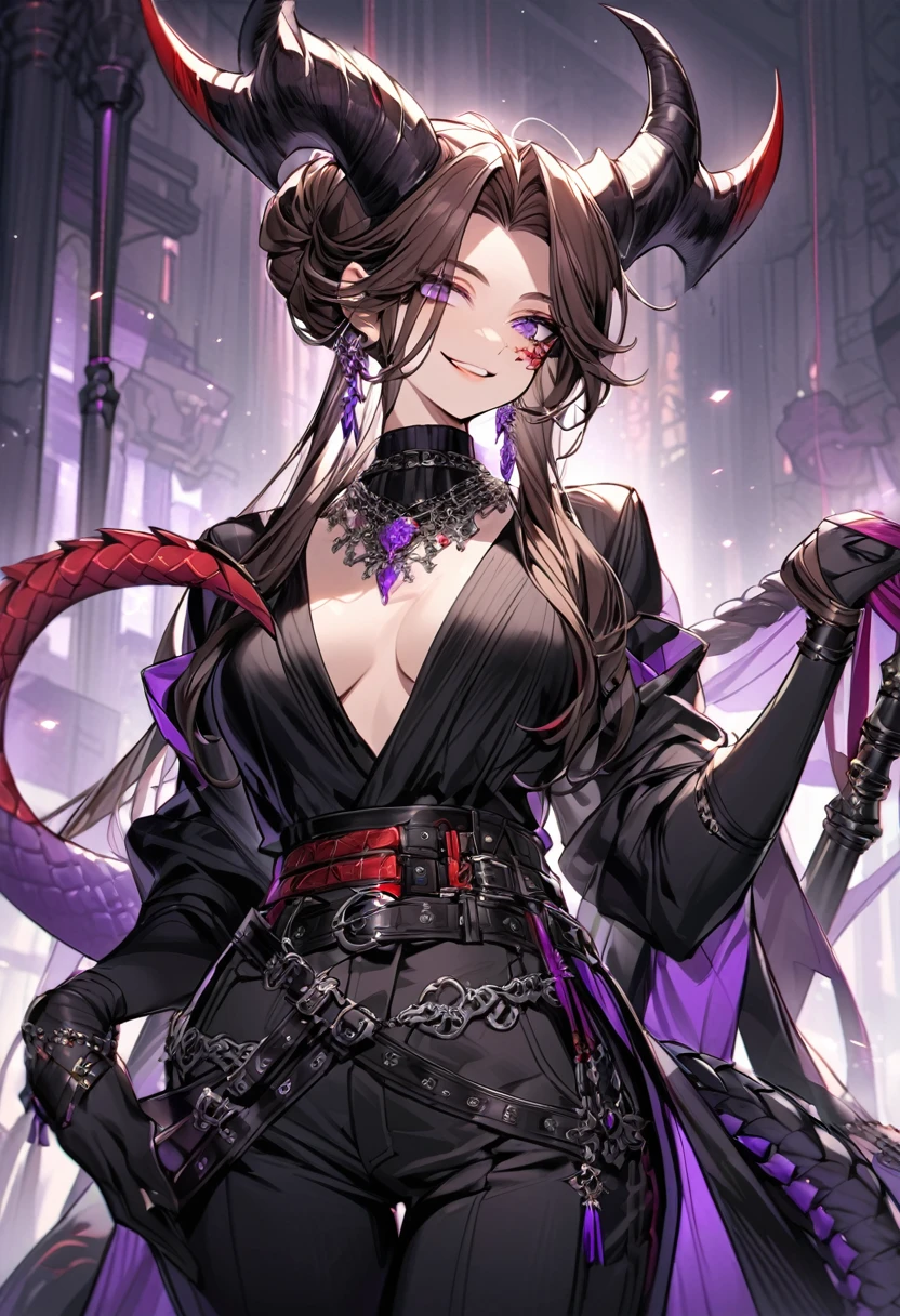 Tall woman, cheeky smile, brunette, hair gathered in a low bun, strands on the sides of face, red and black clothes with open chest, deep necklace, purple eyes, dragon tail and horns, belts, pants, many details