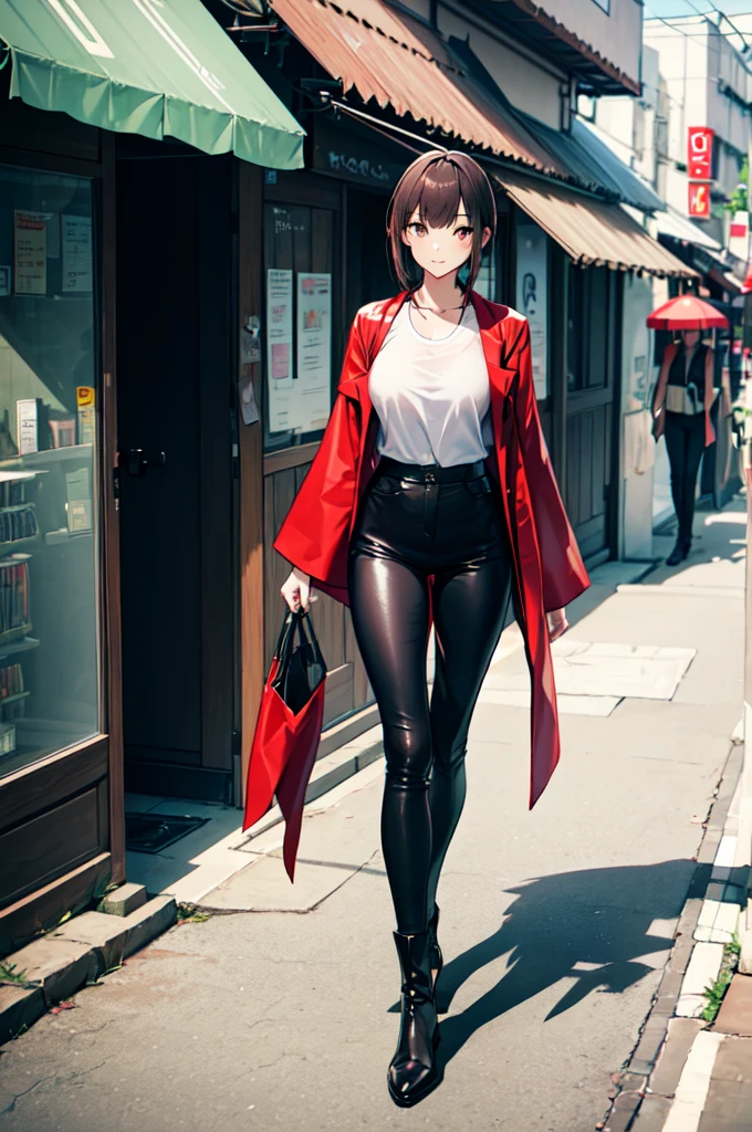 A Japanese woman in long boots and a swimsuit is walking