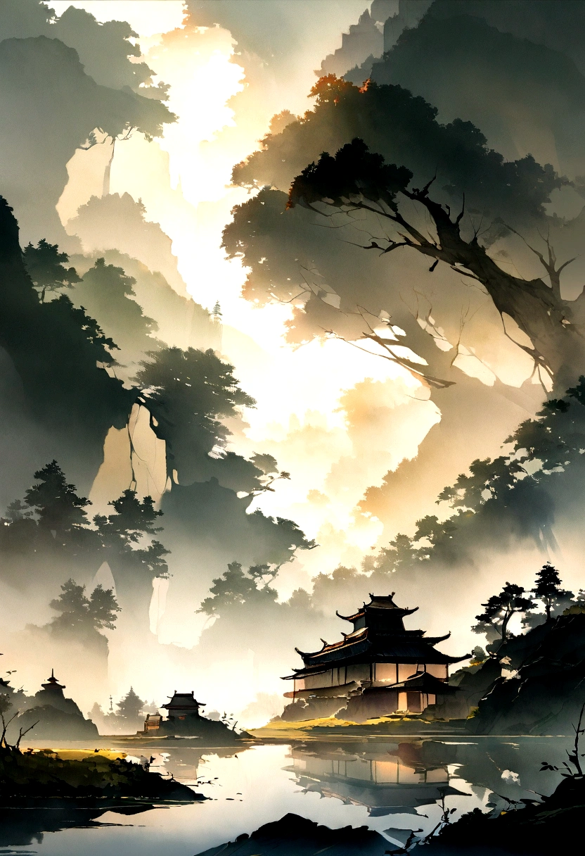 Field with beautiful flowers(Close-up cleavage),to meditate,Zazen,a meditative(Chinese landscape painting),(ink and watercolor painting),(8K Wallpaper),(light and shadow effect),octane rendering,White balance design,Extremely detailed image representation,wide angles,Depth of fields,Masterpiece,realist,beautifully portrayed,A detailed,acura,Works of masterasterpiece