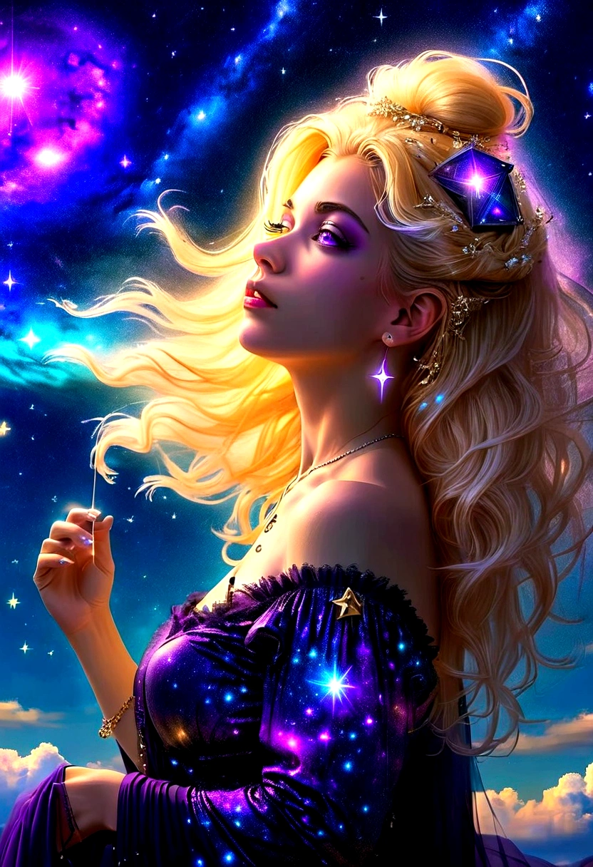 a portrait of an astrologer looking to the sky at libra constellation in the night sky, an extraordinary beautiful woman, there is magic in her eyes divining the future from the Libra constellation, blond hair, dynamic hair style, wearing an intricate dark purple dress decorated with glowing stars, she looks to the night sky seeing the ((Libra constellation in the sky: 1.5)), vibrant, Ultra-high resolution, High Contrast, (masterpiece:1.5), highest quality, Best aesthetics), best details, best quality, highres, 16k, [ultra detailed], masterpiece, best quality, (extremely detailed), Cinematic Hollywood Film, magical sky, FireMagicAI, dark novel