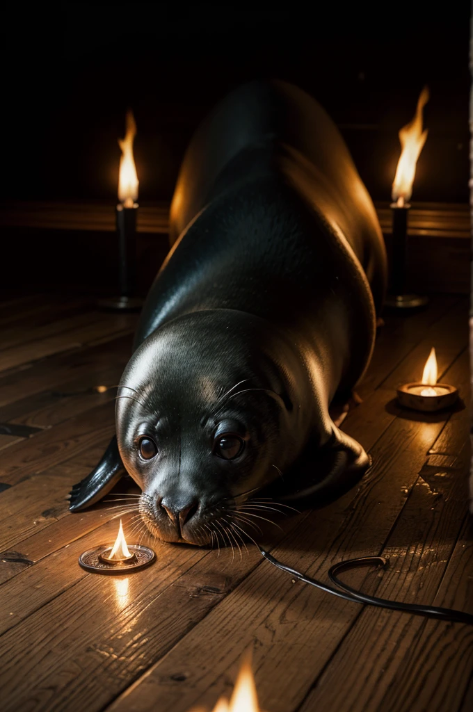 A demonic seal drawn on the floor in intricate detail, lit by flickering torches.cinematic,Realistic, cinematic, high 8k resolution,hyperrealism,cinematic lighting, professional photography,