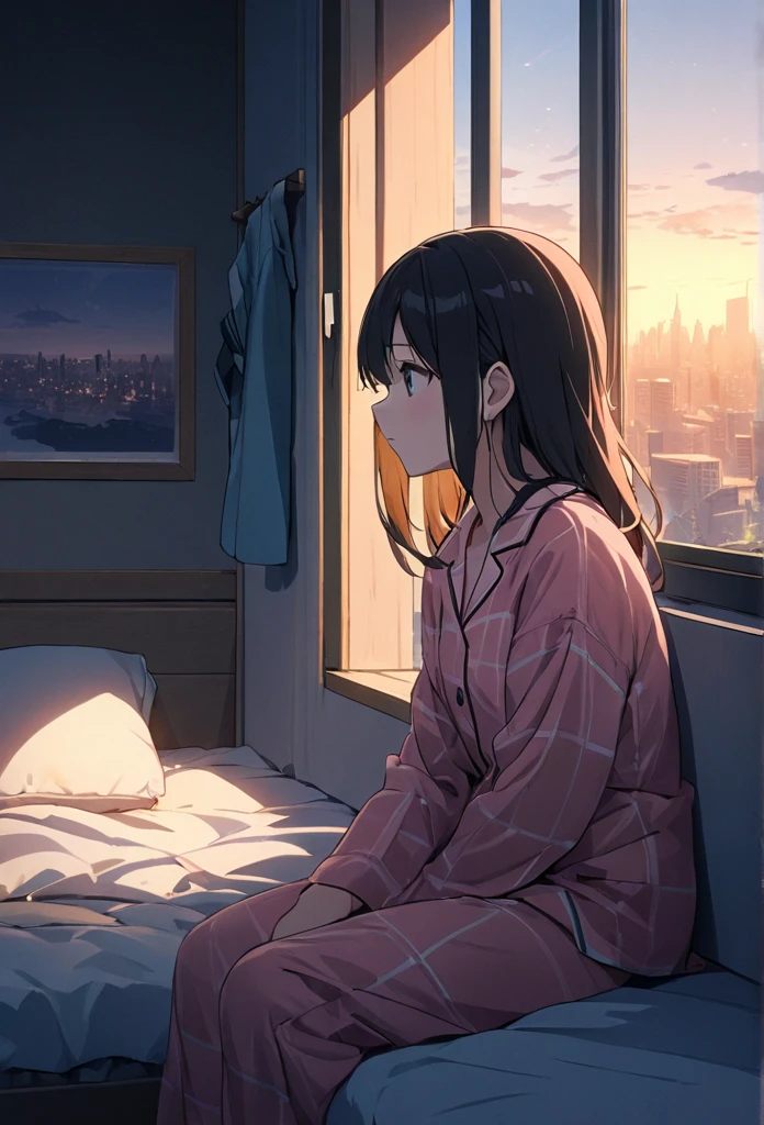 Detailed anime wallpapers, Cute anime style, A lonely girl gazing out the window, Sitting by the windowsill in her room, Feeling of solitude, 8K, (((masterpiece))), (Highest quality), various haircolors, Pajamas or simple homewear, (Depth of written boundary:1.3), Cityscape outside the window, Upper Body, Soft indoor lighting, "Solitude in her room"