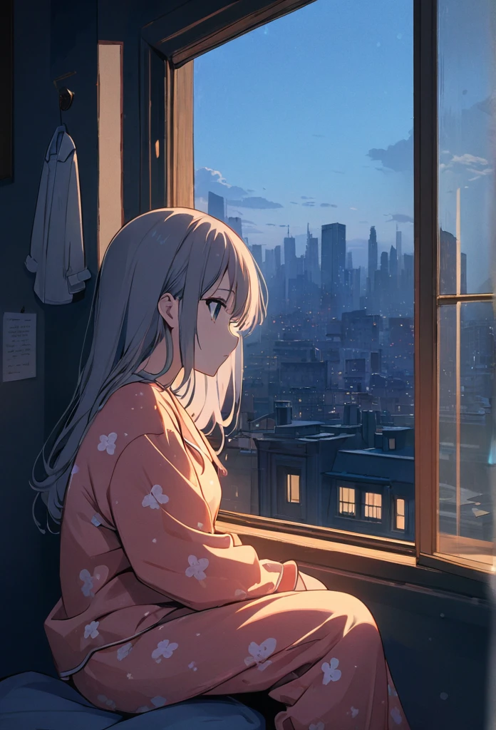 Detailed anime wallpapers, Cute anime style, A lonely girl gazing out the window, Sitting by the windowsill in her room, Feeling of solitude, 8K, (((masterpiece))), (Highest quality), various haircolors, Pajamas or simple homewear, (Depth of written boundary:1.3), Cityscape outside the window, Upper Body, Soft indoor lighting, "Solitude in her room"