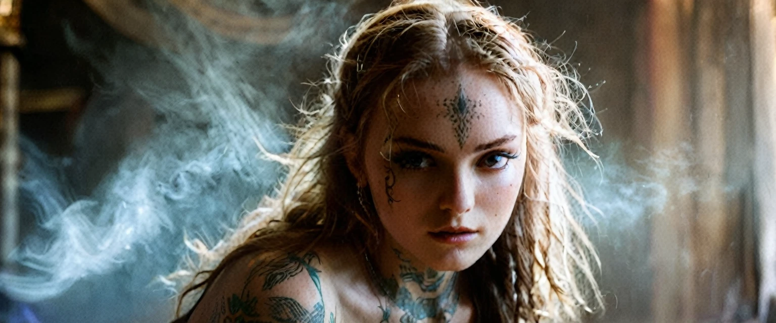 (best quality,highres,ultra-detailed), gritty and dusty image, model is intense, dust and darkness are in the air, close-up, 19 year old long haired ginger woman, hair is tightly braided and kept under a ceremonial warriors helmet, tattooed, detailed facial tattoos, shirtless, muscular, fully tattooed body, magical ritual, magical symbols, black magic, model is dusty, dark ambiance, intense lighting, mysterious atmosphere, low key image, model is almost angry, model looks to be drawing power and wants to hurt someone, tribal, powerful, supernatural, mystical, enchanted, griffin symbols, spiritual connection, ritualistic movements, mesmerizing, captivating, intense gaze, confident expression, dominant presence, dark color palette, contrast, dramatic shadows, intricate details, surreal, otherworldly, ethereal, magical energy, intense emotions, powerful aura, mystical transformation, evocative, haunting, immersive composition, arri alexa 65 anamorphic 2.4-1,