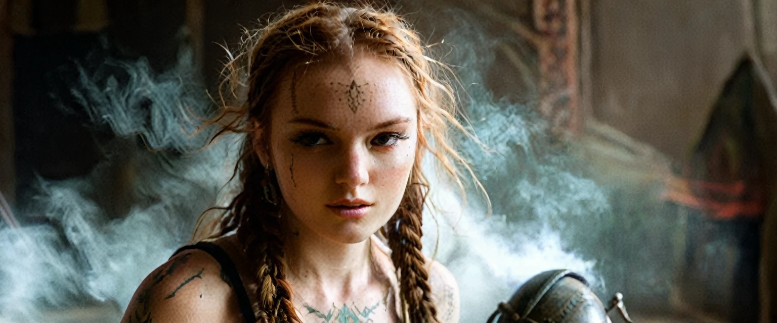 (best quality,highres,ultra-detailed), gritty and dusty image, model is intense, dust and darkness are in the air, close-up, 19 year old long haired ginger woman, hair is tightly braided and kept under a ceremonial warriors helmet, tattooed, detailed facial tattoos, shirtless, muscular, fully tattooed body, magical ritual, magical symbols, black magic, model is dusty, dark ambiance, intense lighting, mysterious atmosphere, low key image, model is almost angry, model looks to be drawing power and wants to hurt someone, tribal, powerful, supernatural, mystical, enchanted, griffin symbols, spiritual connection, ritualistic movements, mesmerizing, captivating, intense gaze, confident expression, dominant presence, dark color palette, contrast, dramatic shadows, intricate details, surreal, otherworldly, ethereal, magical energy, intense emotions, powerful aura, mystical transformation, evocative, haunting, immersive composition, arri alexa 65 anamorphic 2.4-1,