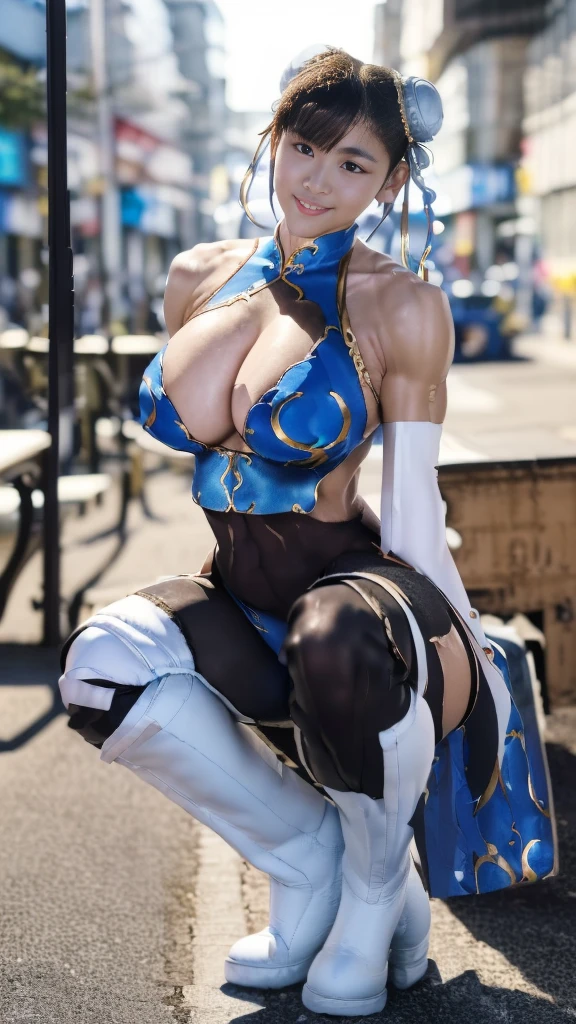 (8K、Ultra-high resolution、Highest quality、masterpiece、Realistic、Ultra-high resolution、High-quality RAW color photos),(Professional photos、Realistic、photo realistic:1.2),(Big Breasts,Quite big breasts,Cute smile,surely(Eye highlights,Big eyes,Black Hair):1.2),(Japanese women),(Urban area,On the road,((Chun-Li's Blue Costume,Blue Chinese Dress,Black pantyhose,White long boots)),((Quite muscular,considerable abdominal muscles),huge breasts,Bodybuilding Poses,Squat):1.4)