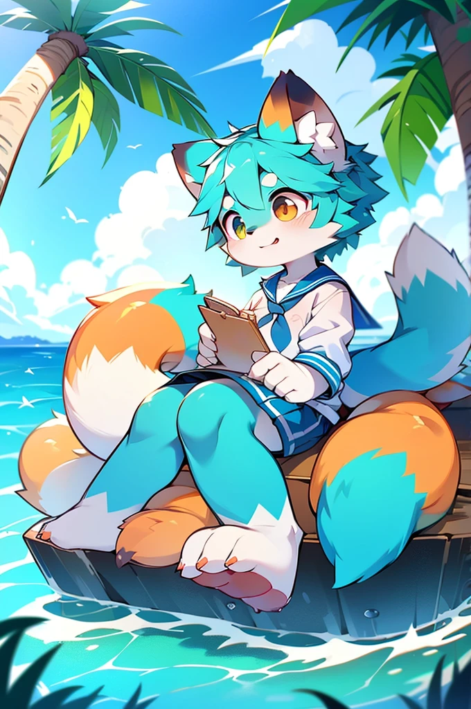 Female Red Panda, Ocean, Appeared wearing a sailor uniform! One in heat, Sitting,fly in the sky,Cyan Light