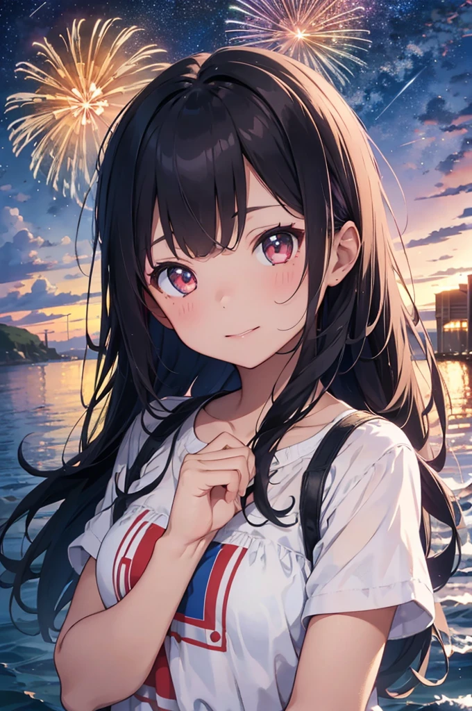 Colorful fireworks、Seaside、One girl,Expose the whole body,Nice face,Dark Eyes、Grayish-black hairworks blooming,Daisy,Floating in the sky,Bright,Cheerfulness,Warm and soft lighting,Night Sky,Starry Sky