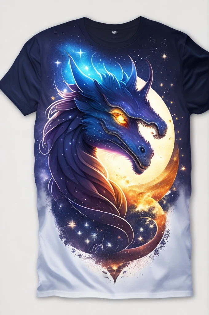 A t-shirt with Celestial Dragon, Starry sky, White background, t shirt design, rzminjornada, vectorial art