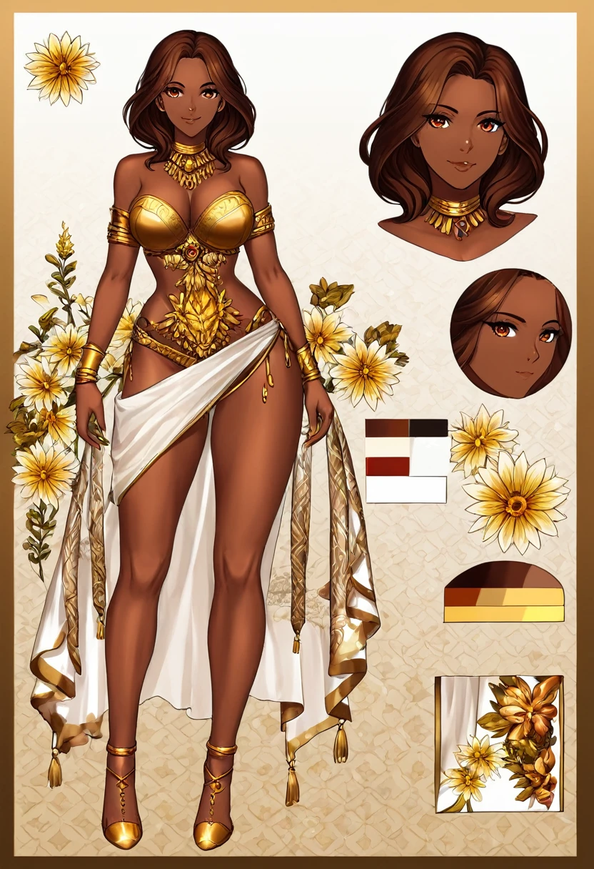 girl with dark skin, beautiful face, red and white palette, weapons with flowers, gold jewelry, full body, reference sheet, brown hair