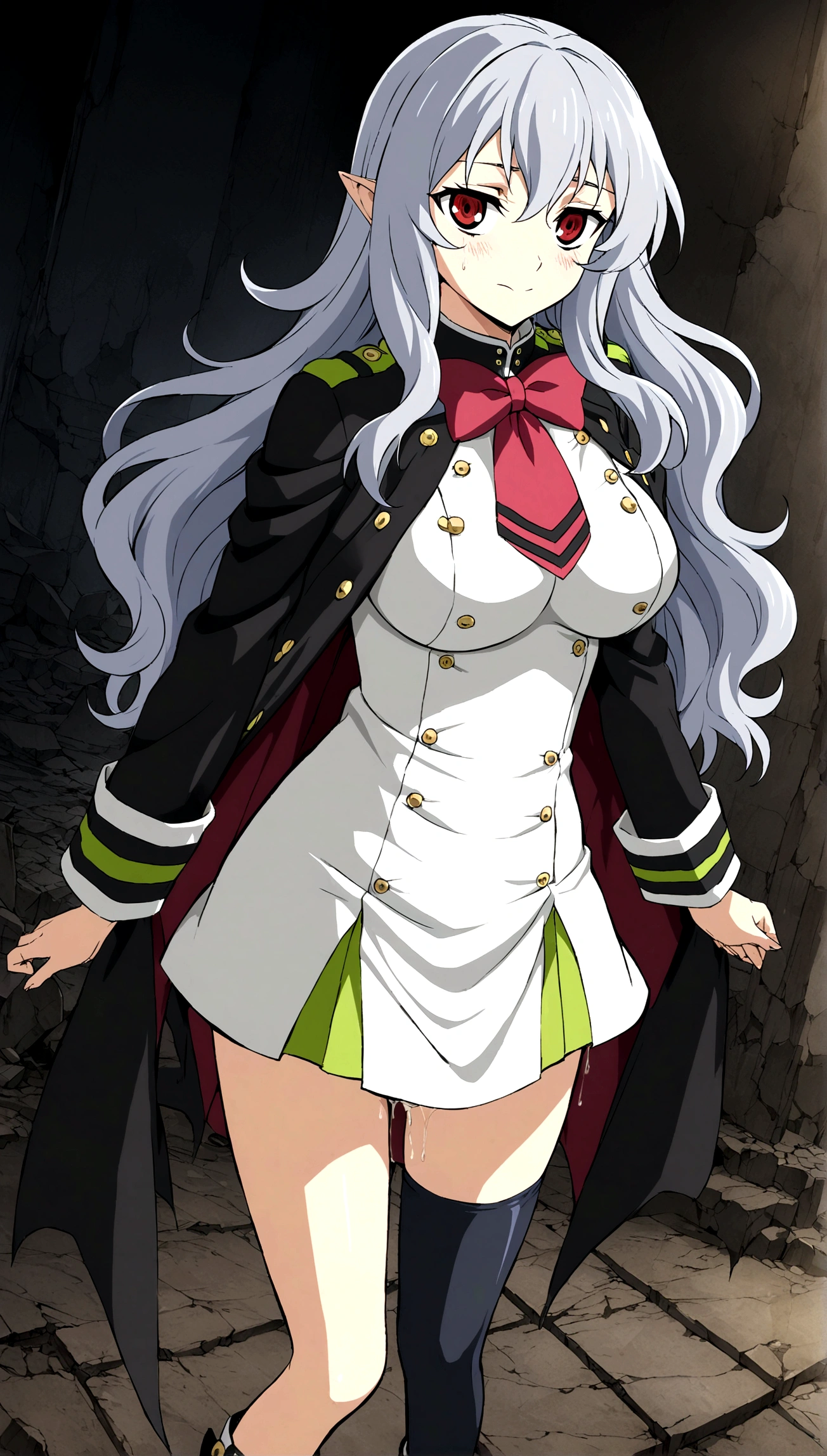 Anime. Owari no Seraph. 1 Girl. Expensive . A vampire. Clumsy mother. Pregnant. Silver hair. Wavy hair. Long hair. Red eyes. Beautiful eyes. Perfect eyes. Expressive eyes. Ideal face. Perfect body. Beautiful long ones. legs. Beautiful nose. 18 years. Big breasts. Standing. Full height. Beautiful character design. Shiny skin. Pointy ears. Ancestor Uniform Dress from Owari no Seraph. She's having contractions. Her water broke. Ruins of Tokyo. In the middle of an abandoned city street. Whole body. NSF. Official art. Extremely detailed CG Unity 8k wallpaper. Ideal lighting. Ultra high resolution 4K. Super detailed 8K. A high resolution.