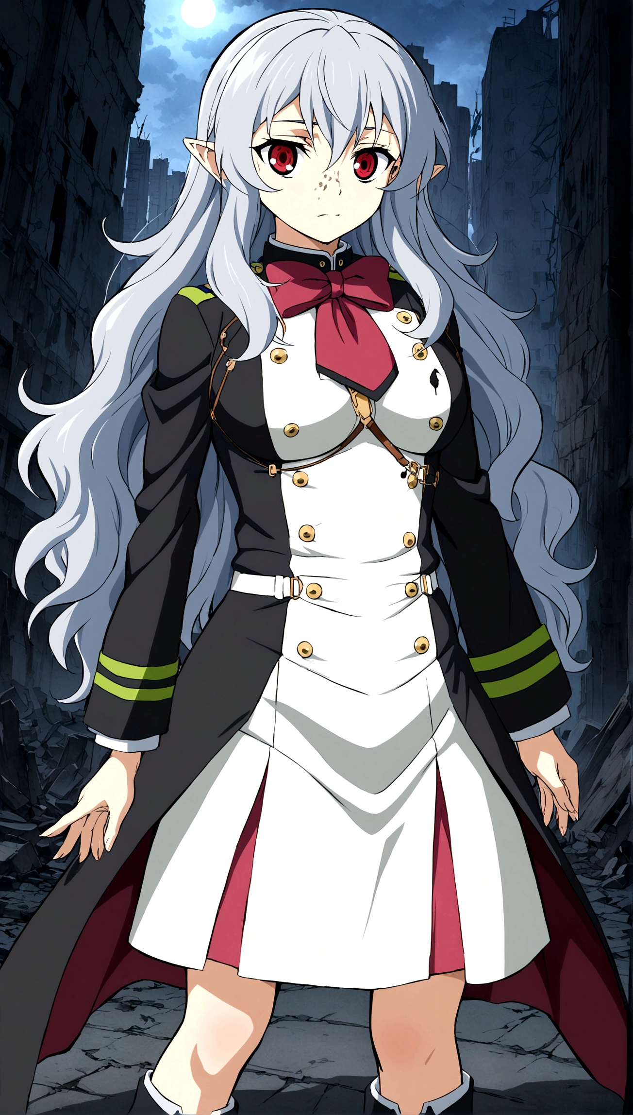 Anime. Owari no Seraph. 1 Girl. Expensive . A vampire. Clumsy. Progenitor. Silver hair. Wavy hair. Long hair. Red eyes. Beautiful eyes. Perfect eyes. Expressive eyes. Ideal face. Perfect body. Beautiful long ones. legs. Beautiful nose. 18 years. Big breasts. Full height. Beautiful character design. Shiny skin. Pointy ears. White dress. Vampire uniform dress from Owari no Seraph. Black stockings. She stumbled. She fell on her butt. She peed herself. Snot flows from the nose. Heeled shoes. Ruins of Tokyo. Whole body. NSF. Official art. Extremely detailed CG Unity 8k wallpaper. Ideal lighting. Ultra high resolution 4K. Super detailed 8K. A high resolution.