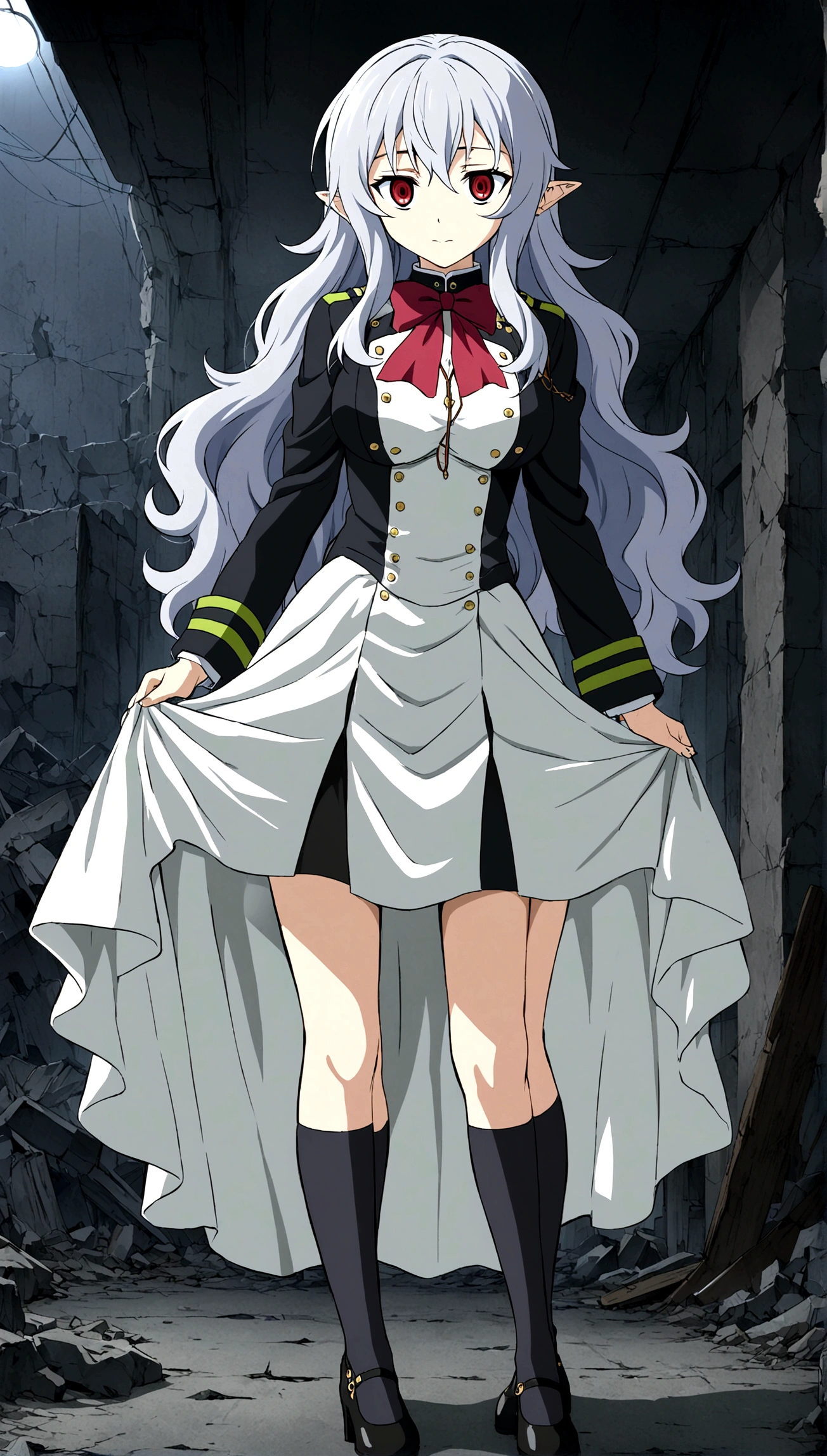 Anime. Owari no Seraph. 1 Girl. Expensive . A vampire. Clumsy. Progenitor. Silver hair. Wavy hair. Long hair. Red eyes. Beautiful eyes. Perfect eyes. Expressive eyes. Ideal face. Perfect body. Beautiful long ones. legs. Beautiful nose. 18 years. Big breasts. Full height. Beautiful character design. Shiny skin. Pointy ears. White dress. Vampire uniform dress from Owari no Seraph. Black stockings. She stumbled. She fell on her butt. She peed herself. Snot flows from the nose. Heeled shoes. Ruins of Tokyo. Whole body. NSF. Official art. Extremely detailed CG Unity 8k wallpaper. Ideal lighting. Ultra high resolution 4K. Super detailed 8K. A high resolution.