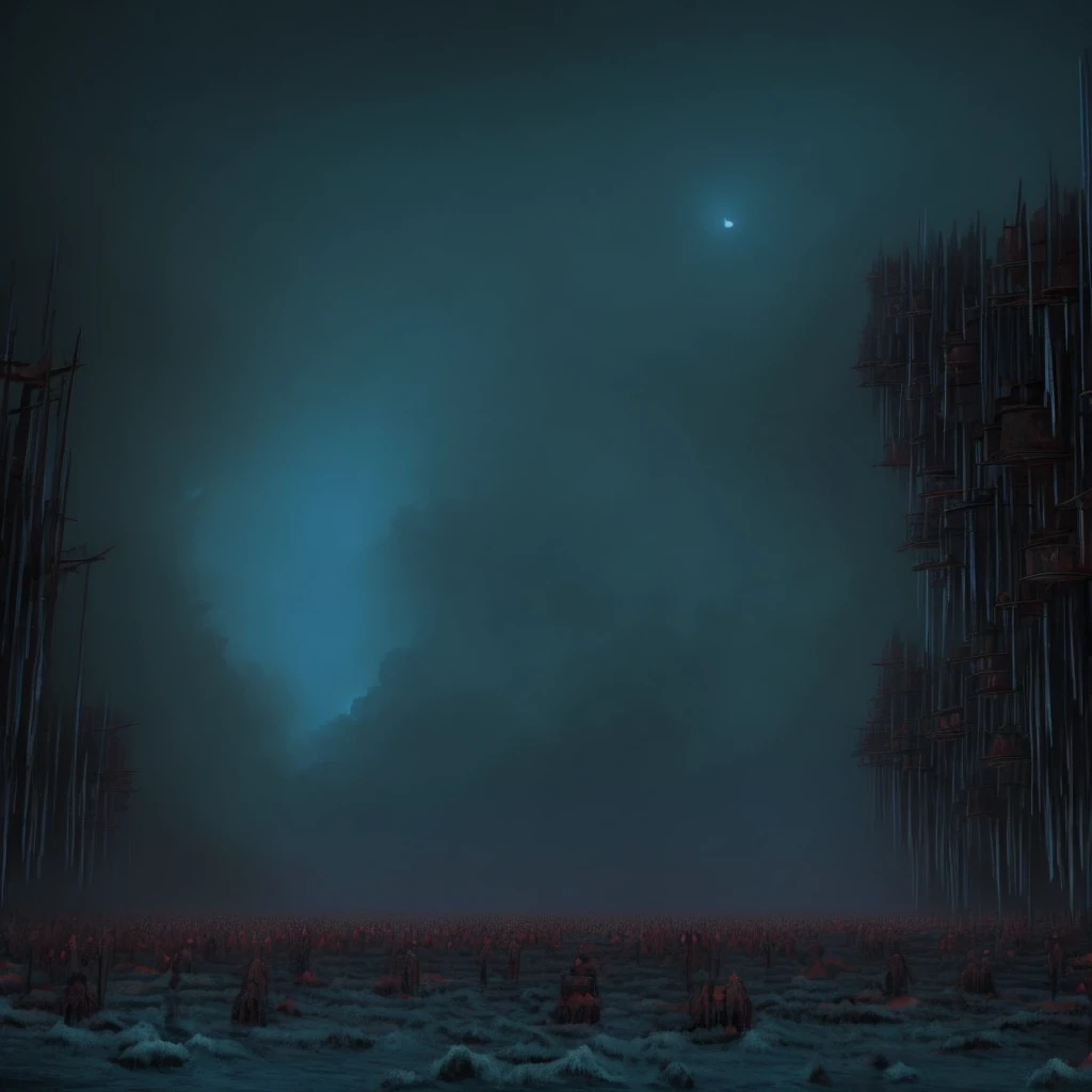 a dark landscape from a horror film in a world of nightmares with a skarlat moon and a sea of bodies