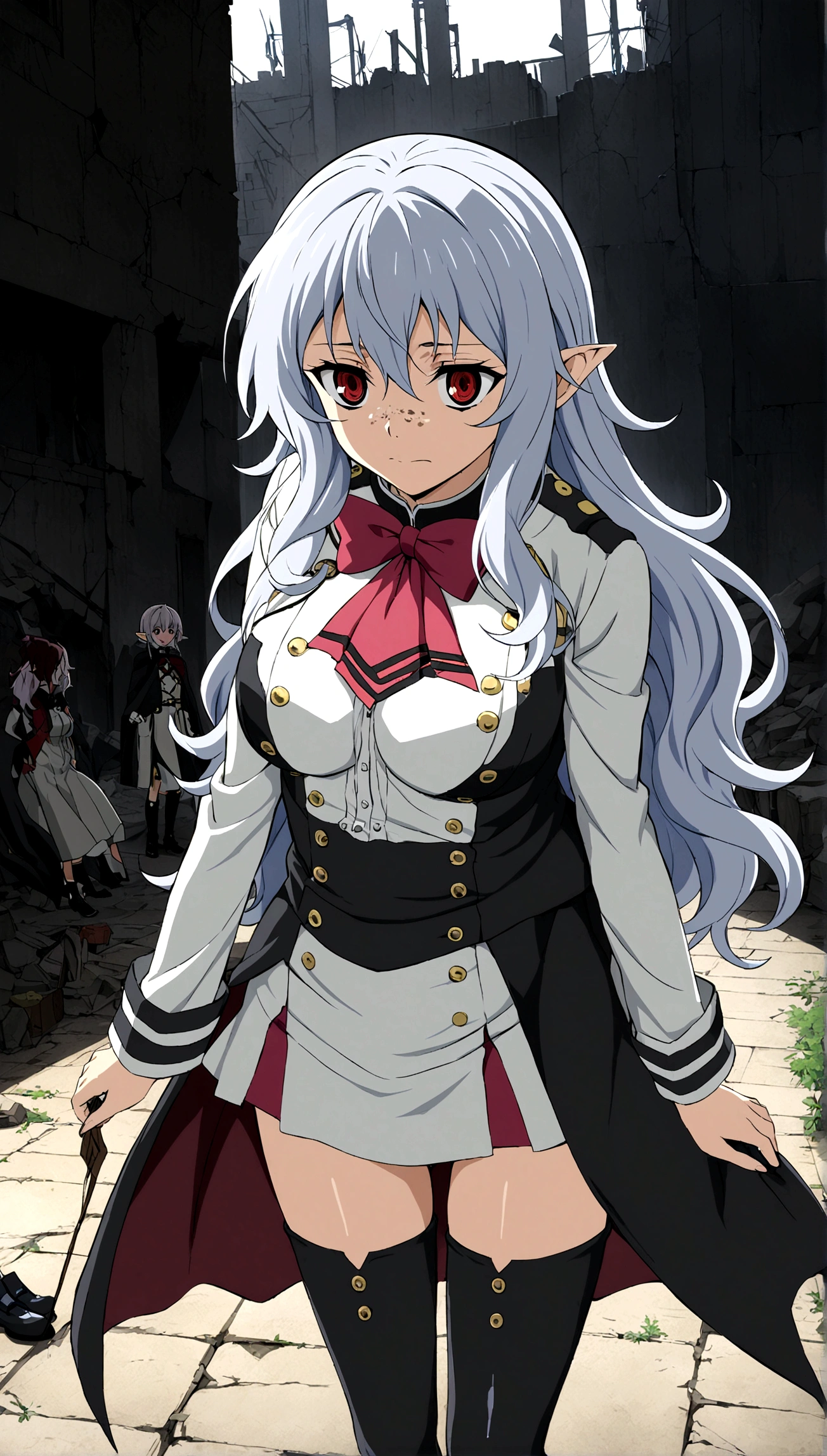Anime. Owari no Seraph. 1 Girl. Expensive . A vampire. Clumsy. Progenitor. Silver hair. Wavy hair. Long hair. Red eyes. Beautiful eyes. Perfect eyes. Expressive eyes. Ideal face. Perfect body. Beautiful long ones. legs. Beautiful nose. 18 years. Big breasts. Full height. Beautiful character design. Shiny skin. Pointy ears. White dress. Vampire uniform dress from Owari no Seraph. Black stockings. She stumbled. She fell on her butt. She peed herself. Snot flows from the nose. Heeled shoes. Ruins of Tokyo. Whole body. NSF. Official art. Extremely detailed CG Unity 8k wallpaper. Ideal lighting. Ultra high resolution 4K. Super detailed 8K. A high resolution.