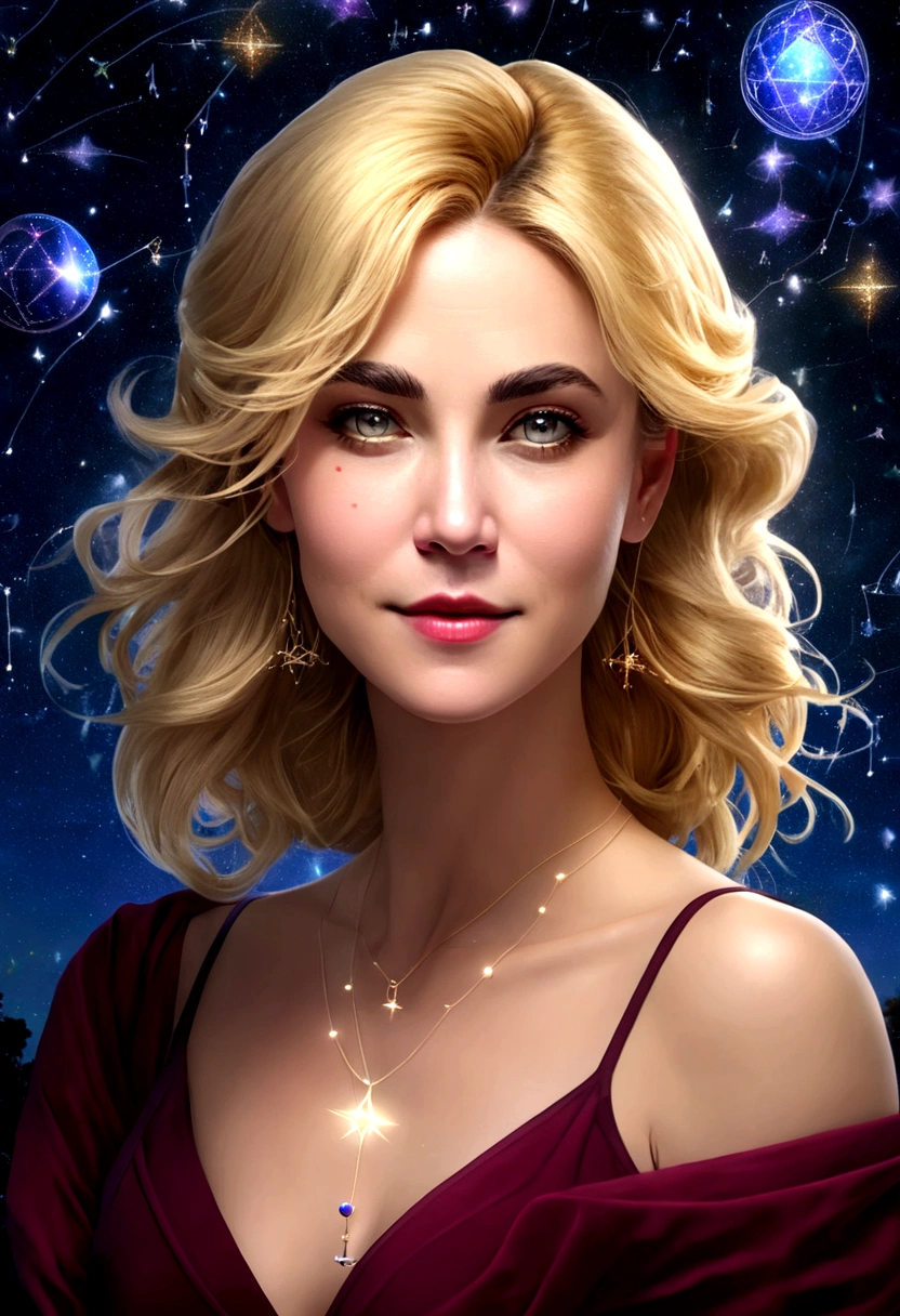 a portrait of an astrologer looking to the sky at ((libra constellation: 1.5)) in the night sky, an extraordinary beautiful woman, there is magic in her eyes divining the future from the Libra constellation, blond hair, dynamic hair style, wearing an intricate dark red dress decorated with glowing stars, she looks to the night sky seeing the ((Libra constellation in the sky: 1.5)), vibrant, Ultra-high resolution, High Contrast, (masterpiece:1.5), highest quality, Best aesthetics), best details, best quality, highres, 16k, [ultra detailed], masterpiece, best quality, (extremely detailed),