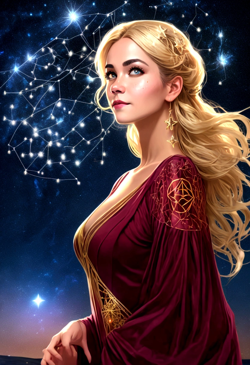 a portrait of an astrologer looking to the sky at ((libra constellation: 1.5)) in the night sky, an extraordinary beautiful woman, there is magic in her eyes divining the future from the Libra constellation, blond hair, dynamic hair style, wearing an intricate dark red dress decorated with glowing stars, she looks to the night sky seeing the ((Libra constellation in the sky: 1.5)), vibrant, Ultra-high resolution, High Contrast, (masterpiece:1.5), highest quality, Best aesthetics), best details, best quality, highres, 16k, [ultra detailed], masterpiece, best quality, (extremely detailed),
