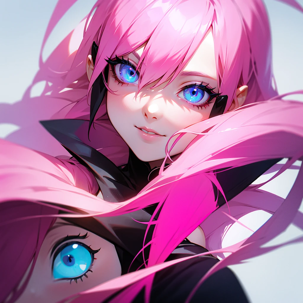 Pink haired girl with blue eyes kissing Alastor