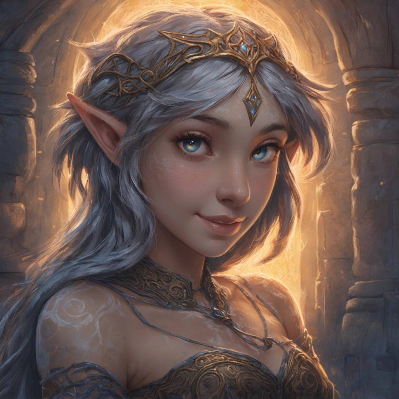 A granite stutue of a beautiful elven maiden. with eyes of saphire. Hair that is made of copper wire. Marble corset. he artwork should be rendered in the style of "Breath of the Wild," featuring warm lighting and shadows. Include graphite shading, stencil marks, and airbrushed acrylic paint effects. The image should be of the highest quality, a masterpiece with intricate details. She should have luscious lips, a wide smile, and bright, expressive eyes, exuding beauty, cuteness, and adorableness. Ensure the image is high resolution and sharply detailed, with a detailed and vibrant background. incorporate mystical lighting in the background, creating a romantic and enchanting atmosphere.