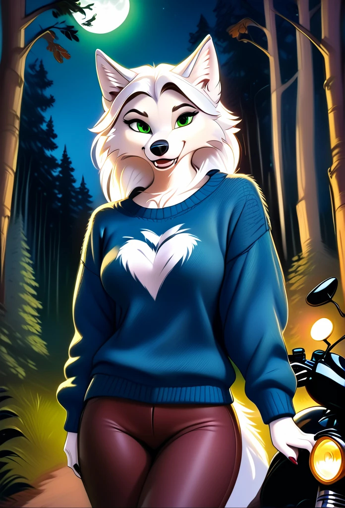 detailed illustration, dynamic angle, ultra-detailed, illustration, 1girl, blue sweater, wolf, white wolfkin, green eyes, standing in woods, disney style, evil grin, cartoon, leaning on a motorcycle, night, bedroom eyes