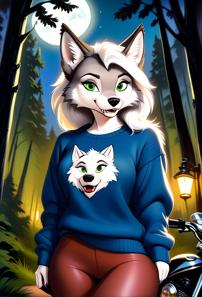 detailed illustration, dynamic angle, ultra-detailed, illustration, 1girl, blue sweater, wolf, white wolfkin, green eyes, standing in woods, disney style, evil grin, cartoon, leaning on a motorcycle, night, bedroom eyes