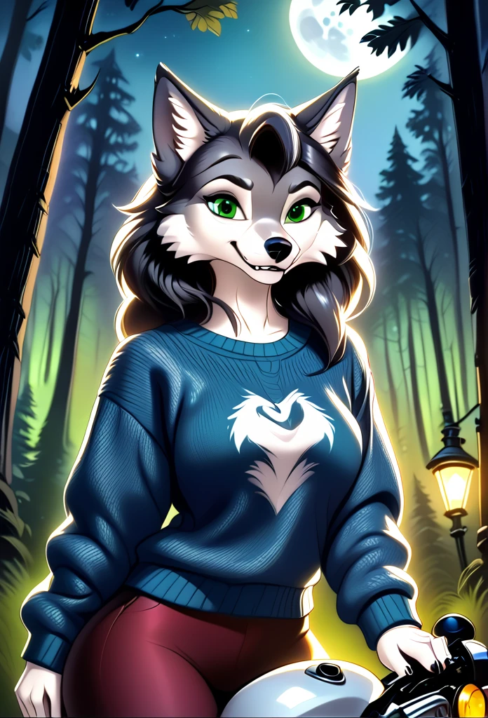 detailed illustration, dynamic angle, ultra-detailed, illustration, 1girl, blue sweater, wolf, white wolfkin, green eyes, standing in woods, disney style, evil grin, cartoon, leaning on a motorcycle, night, bedroom eyes