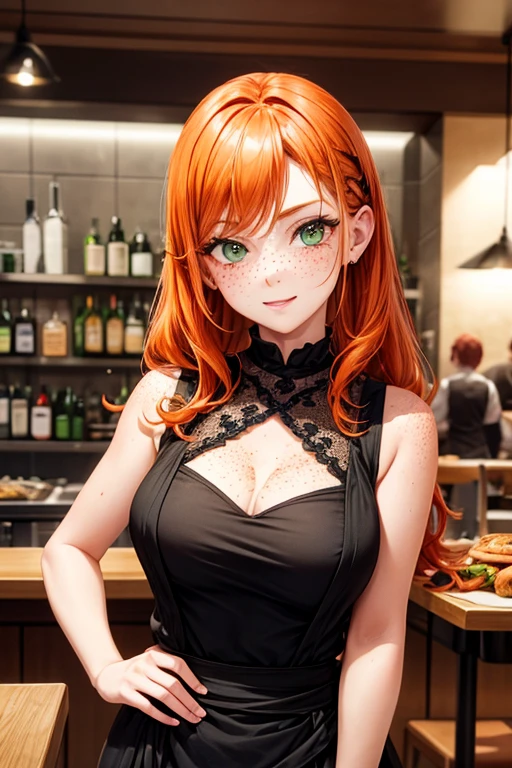 subtley sexy woman, orange hair, freckles, green eyes, black dress, serving at an italian bistro