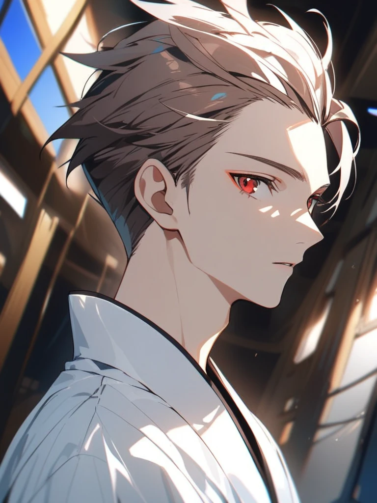 Young man, headshot, short white pulled back hair, pale red eyes, Streaks of blue in his hair, Slim build, White silk robes, pretty, handsome