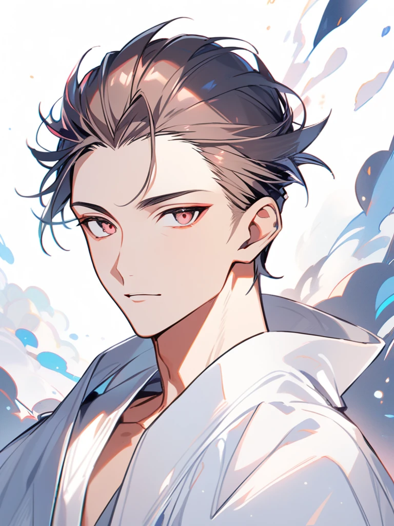 Young man, headshot, short white pulled back hair, pale red eyes, Streaks of blue in his hair, Slim build, White silk robes, pretty, handsome