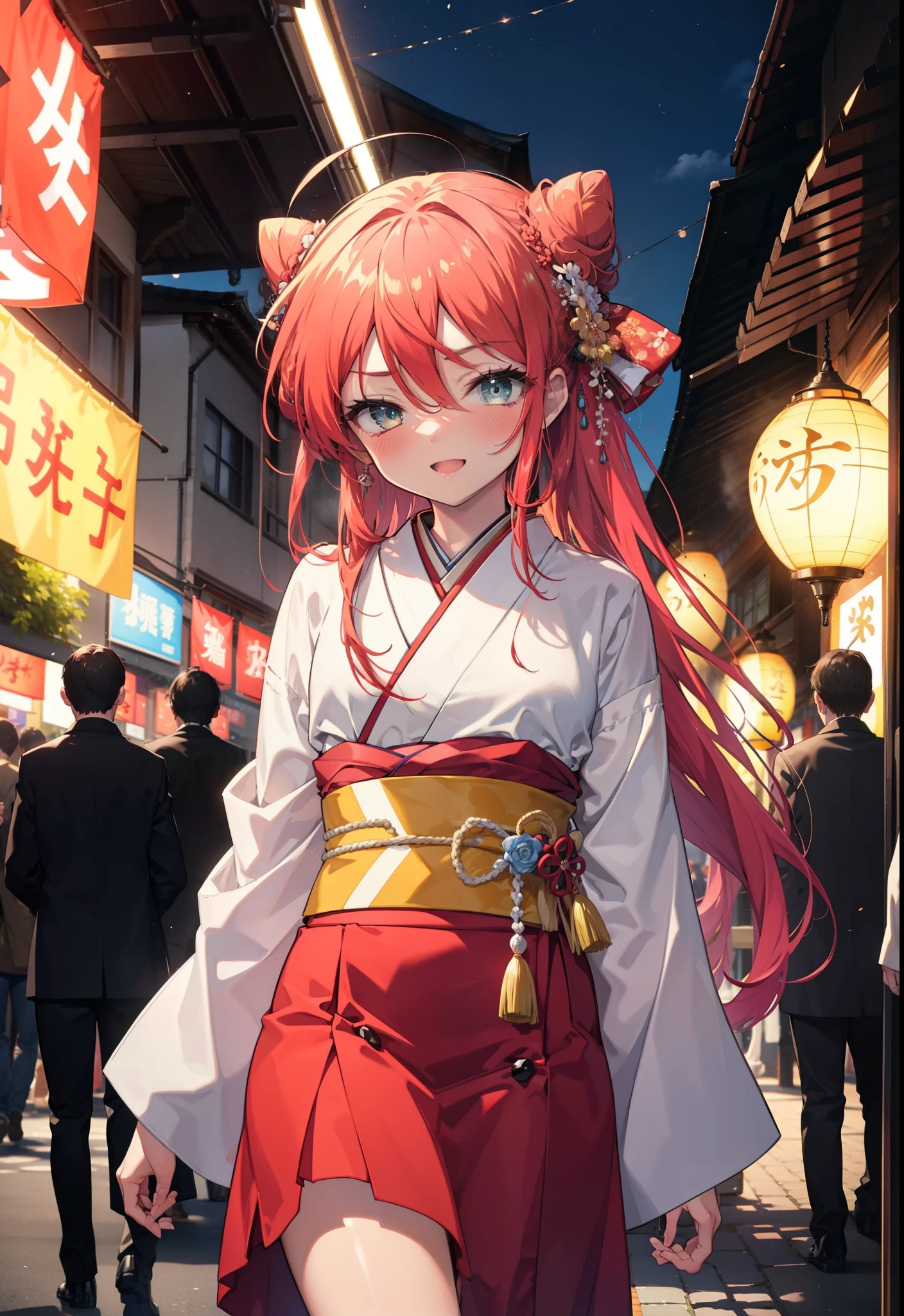 Shana,灼眼のShana,Long Hair, Red hair,Red eyes,Ahoge,smile,blush,Open your mouth,Hair Bun, single Hair Bun,blush,Red Kimono,Thick sleeves,Red long skirt,日本のfestival,夏festivalの屋台,Red lantern,So that the whole body goes into the illustration,Walking,　　　　　　　　　　　  break looking at viewer, Upper Body (Cowboy Shot:1. 5),  　　　　　　　　　　　　　　　　　　break outdoors, shrine,festival, 　　　　　　　　　　　　　break (masterpiece:1.2), Highest quality, High resolution, unity 8k wallpaper, (shape:0.8), (Beautiful and beautiful eyes:1.6), Highly detailed face, Perfect lighting, Highly detailed CG, (Perfect hands, Perfect Anatomy),