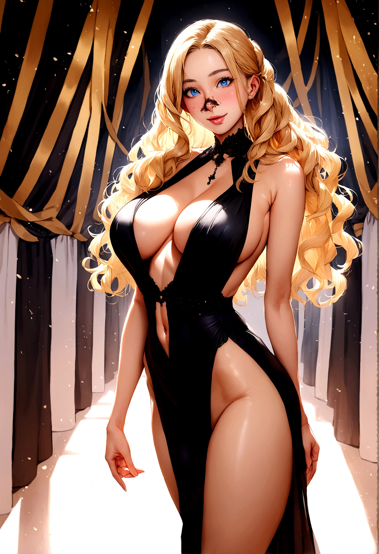 19 year old young girl, blue eyed blonde, with black gala dress, blonde wavy hair, thin waist, flat stomach, thin lips, splattered nose, attractive, coquette, smiling, with a party background, tall thick legs, big breasts, blonde hair with brown roots, voluminous breasts, piernona, thin waist, black dress, pretty face, hyperrealistic