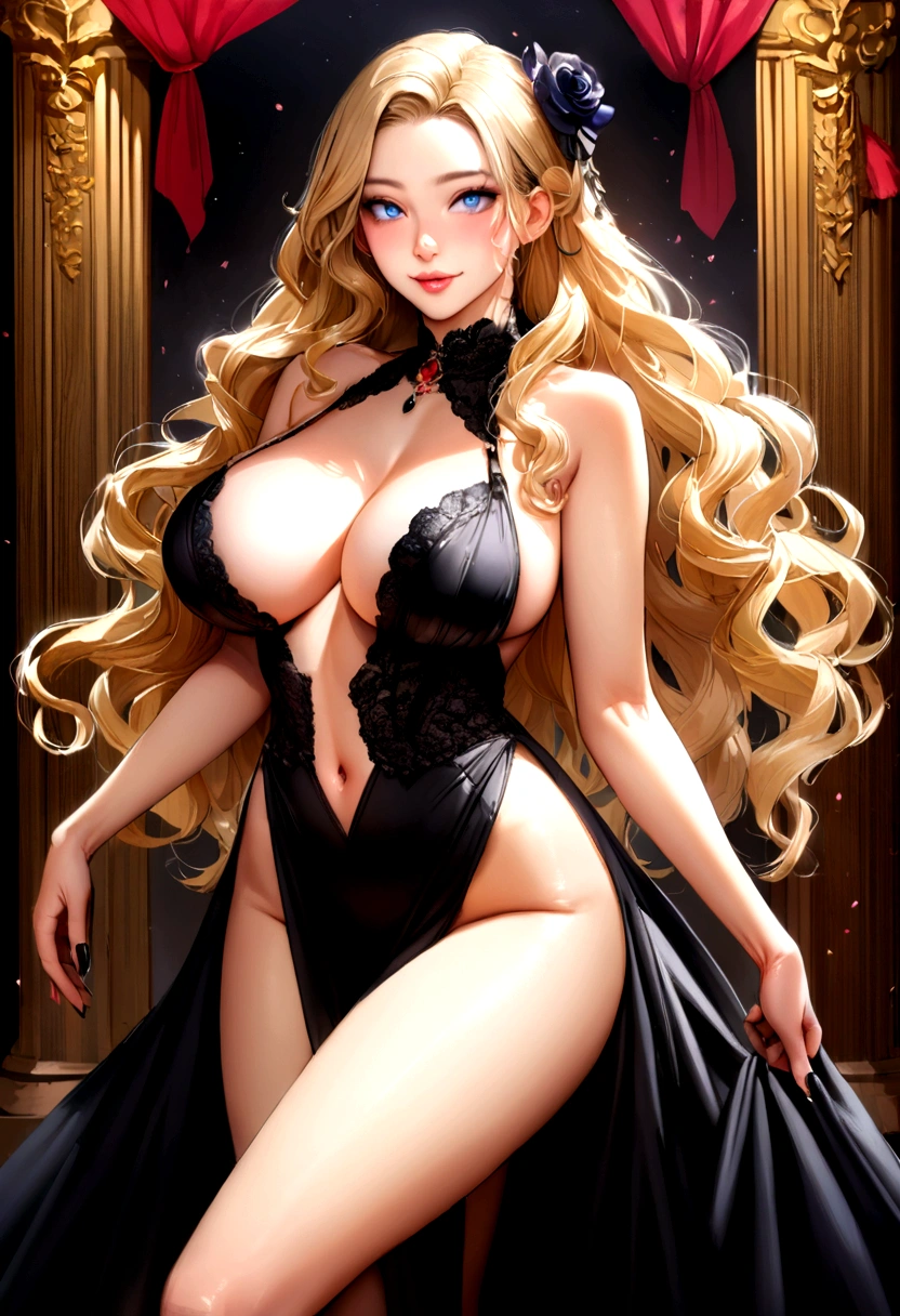 19 year old young girl, blue eyed blonde, with black gala dress, blonde wavy hair, thin waist, flat stomach, thin lips, splattered nose, attractive, coquette, smiling, with a party background, tall thick legs, big breasts, blonde hair with brown roots, voluminous breasts, piernona, thin waist, black dress, pretty face, hyperrealistic