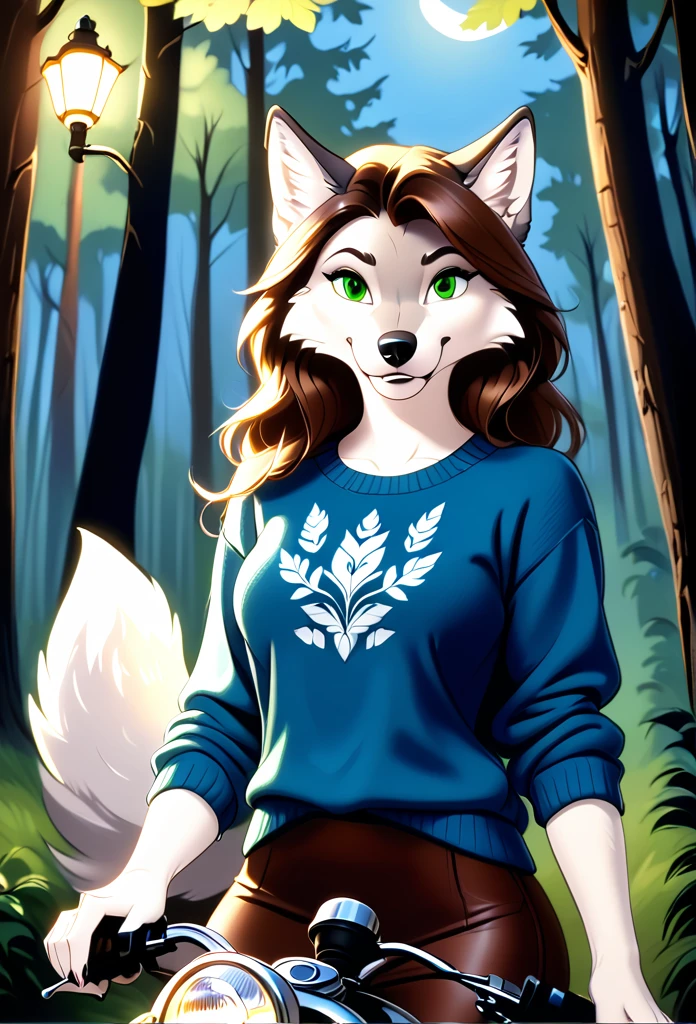 detailed illustration, dynamic angle, ultra-detailed, illustration, 1girl, blue sweater, wolf, white wolfkin, green eyes, standing in woods, disney style, evil grin, cartoon, leaning on a motorcycle, night, long brown hair.