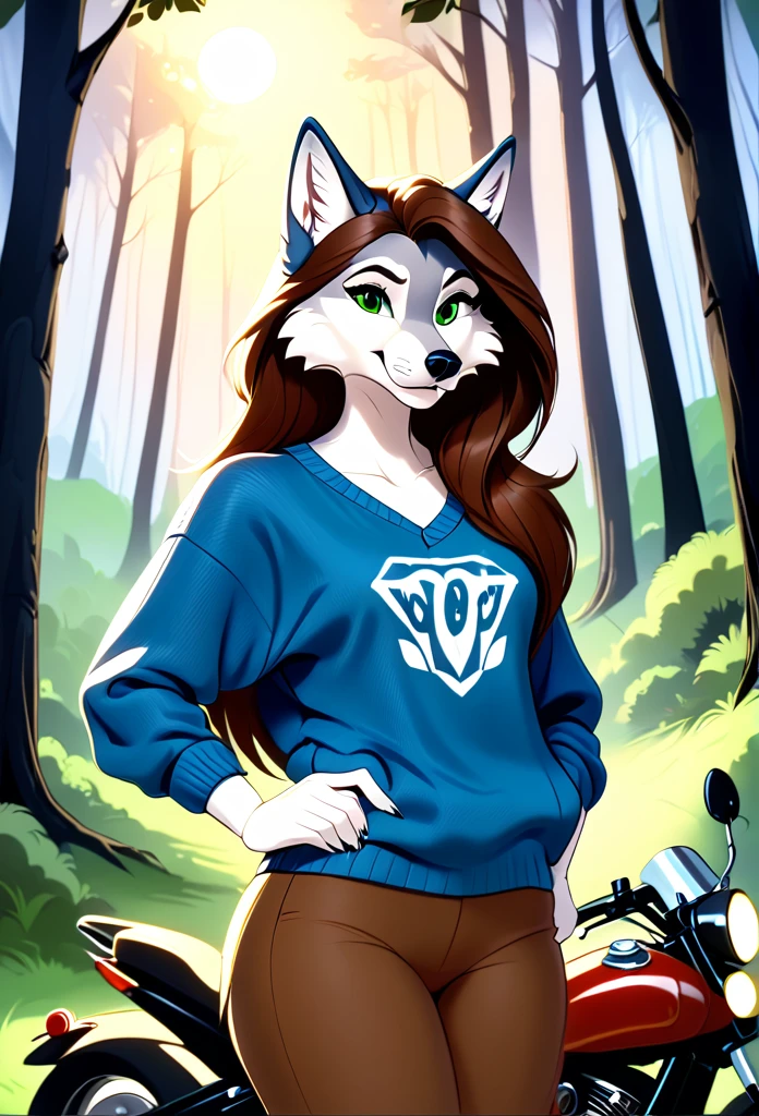 detailed illustration, dynamic angle, ultra-detailed, illustration, 1girl, blue sweater, wolf, white wolfkin, green eyes, standing in woods, disney style, evil grin, cartoon, leaning on a motorcycle, night, long brown hair.