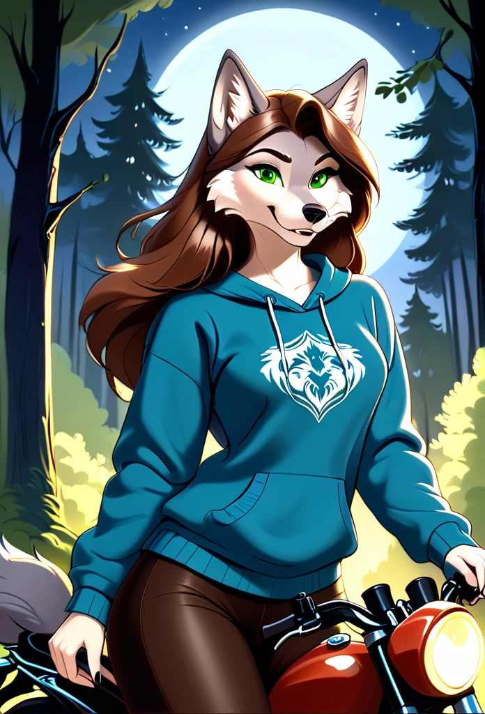 detailed illustration, dynamic angle, ultra-detailed, illustration, 1girl, blue sweater, wolf, white wolfkin, green eyes, standing in woods, disney style, evil grin, cartoon, leaning on a motorcycle, night, long brown hair.