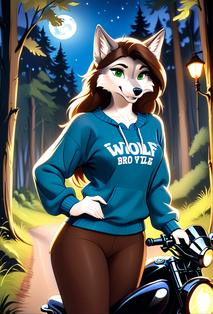 detailed illustration, dynamic angle, ultra-detailed, illustration, 1girl, blue sweater, wolf, white wolfkin, green eyes, standing in woods, disney style, evil grin, cartoon, leaning on a motorcycle, night, long brown hair.