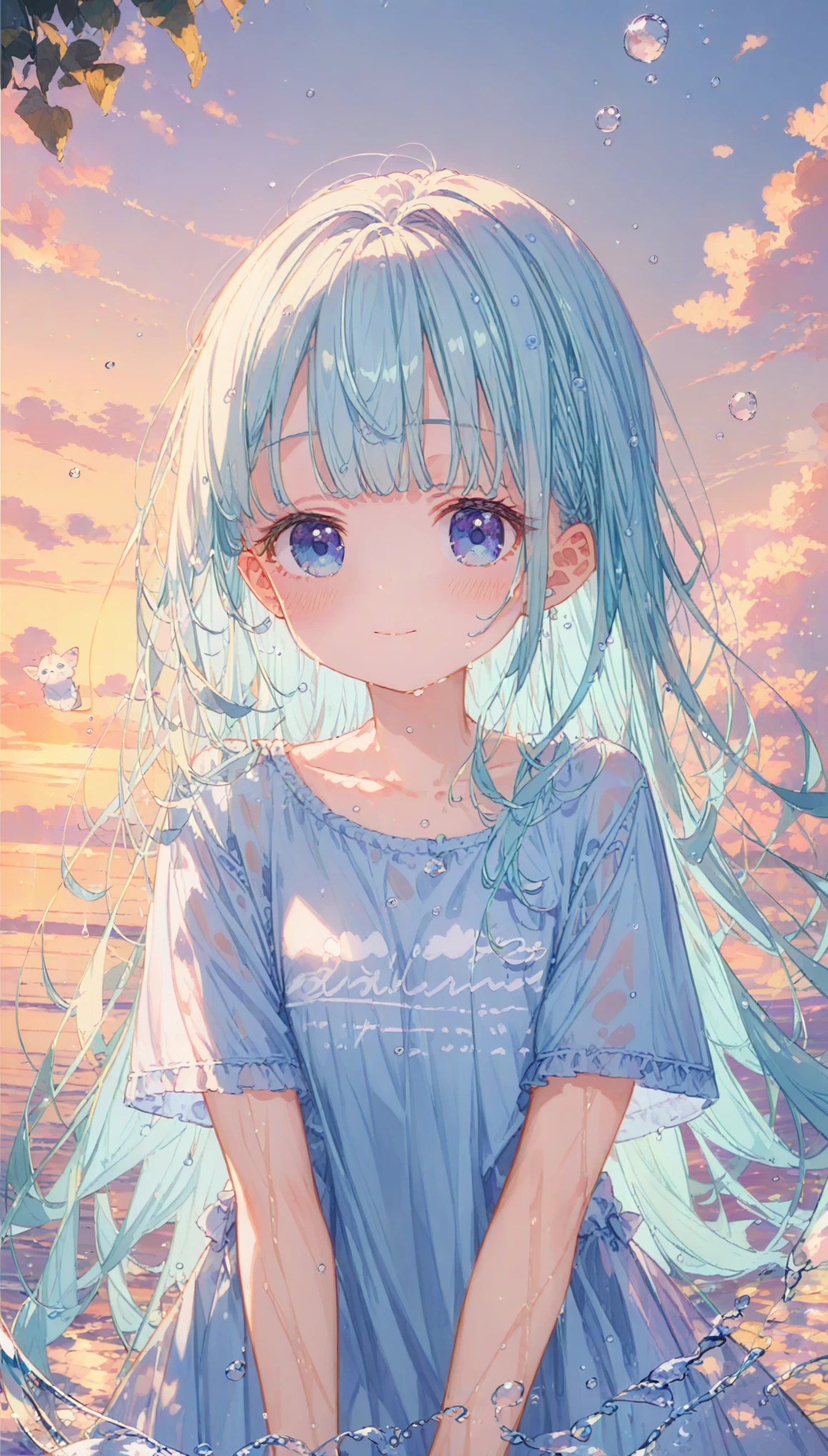 masterpiece, best quality, extremely detailed, (illustration, official art:1.1), 1 girl ,(((( light blue long hair)))), ,(((( light blue long hair)))),light blue hair, , long hair ((blush)) , cute face, big eyes, masterpiece, best quality,(((((a very delicate and beautiful girl))))),Amazing,beautiful detailed eyes,blunt bangs((((little delicate girl)))),tareme(true beautiful:1.2), sense of depth,dynamic angle,,,, affectionate smile, (true beautiful:1.2),,(tiny 1girl model:1.2),)(flat chest),、finely best quality, extremely detailed and beautiful, ultra high res, scenery, , , , kawaii, , slender, coquettish skin, (blush, wet, looking away:1.3), smile, happy, water drop, bottomless, various color typography t-shirt, various posture, looking at viewer, closed mouth, outdoor, Yosemite National Park, (playing in the river, have fun, blue water:1.2),(((Long T-shirt)))
