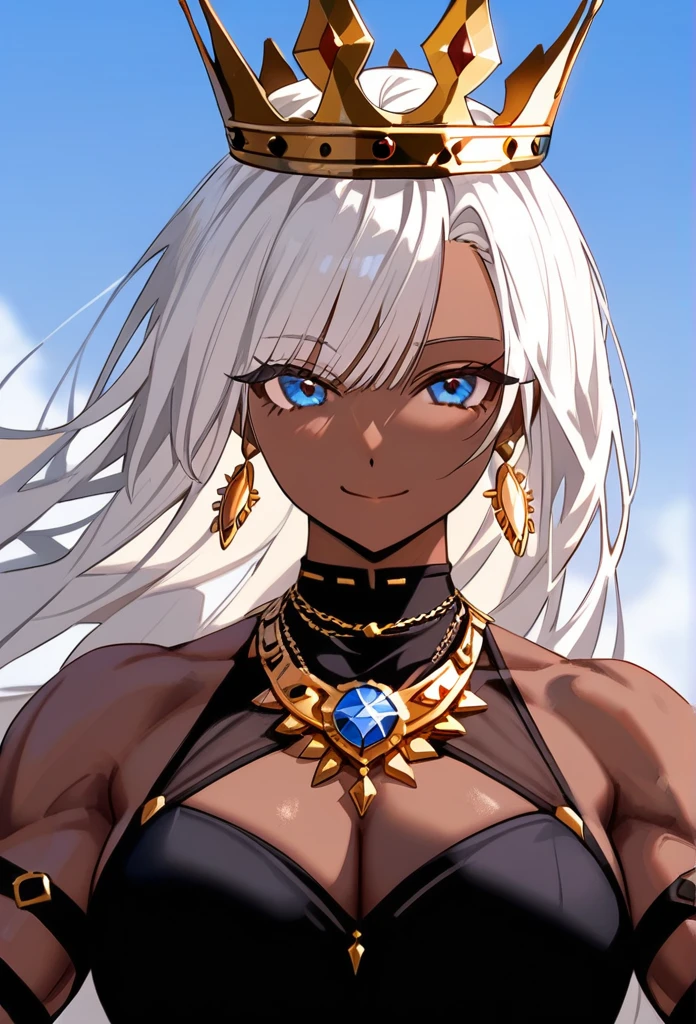 masterpiece, best quality, upper body, score_9,beautiful woman, dark skin, white hair, sky blue eyes, black dress, yellow crown, black jewels in the crown, gold belt, gold earrings, gold necklace, tall, athletic build, muscular arms, confident smile, black and gold high heels, bright,white background,close up, holding fluffy white owl,detailed